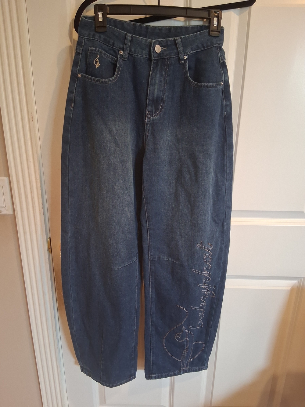 Baby Phat Dark Blue Wide Leg Barrel Jeans with Script Embroidery